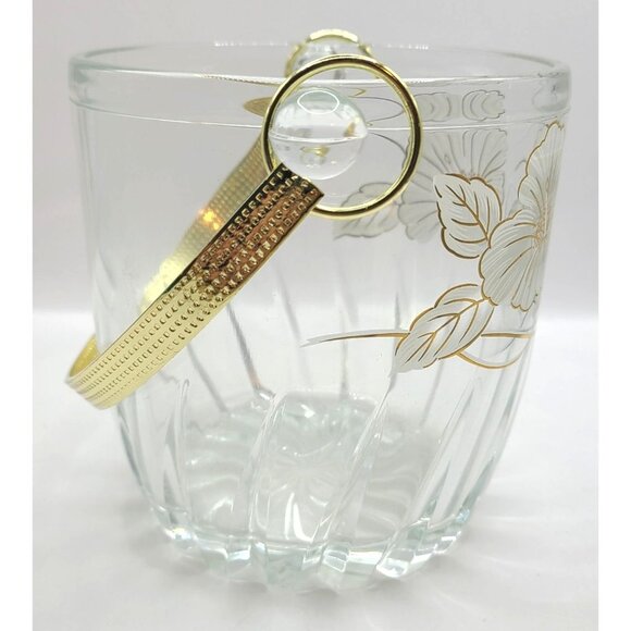 Vintage Clear Glass Ice Bucket With Gold Floral Design & Handle - Picture 4 of 7